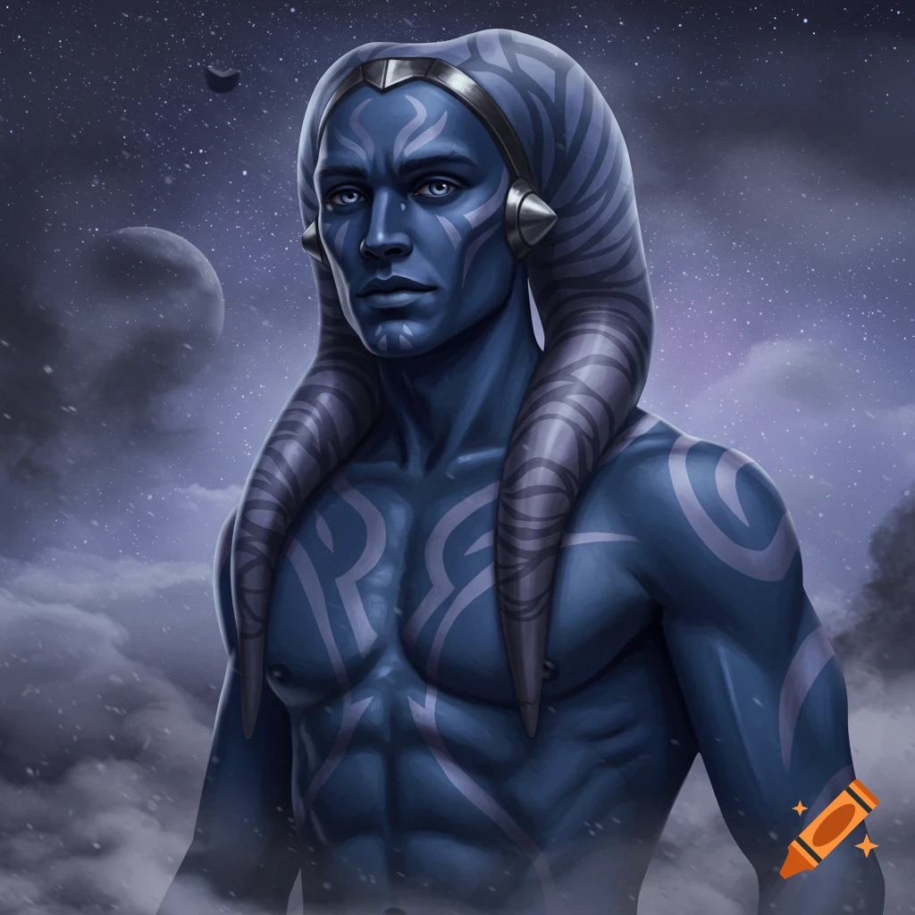 A blue-skinned Twi'lek man with lekku and grey-lavender markings stands under a starry sky, digital art.