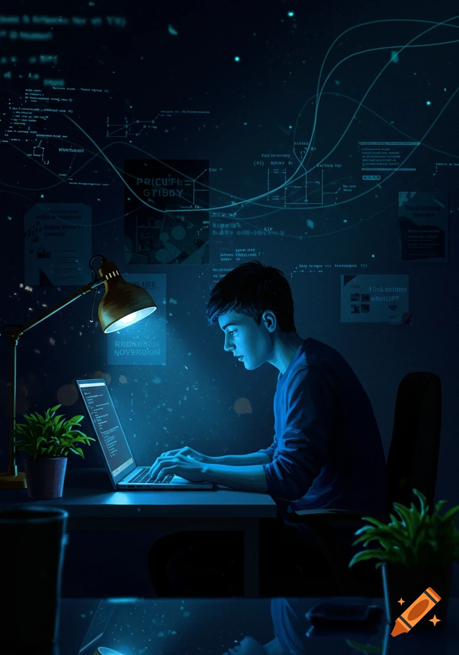 A young student sits at a desk in a dark room, illuminated by a lamp and laptop screen, focused on coding on their laptop. Blue glowing digital lines and gibberish text fill the background.