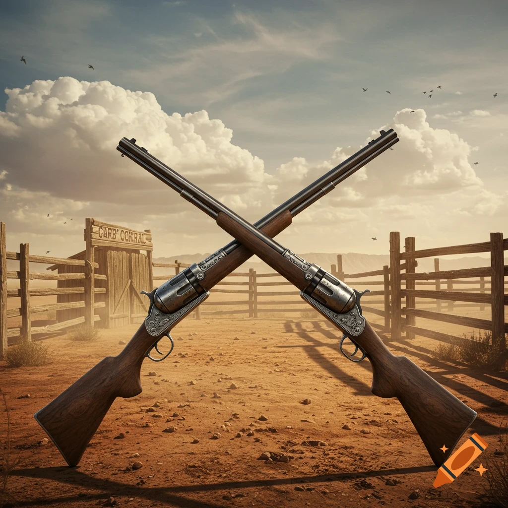 Two vintage rifles are crossed in an X shape, centered in a Western-style ranch scene with a wooden fence, dirt ground, and a sign for "CARB' CORRAL" under a cloudy sky.