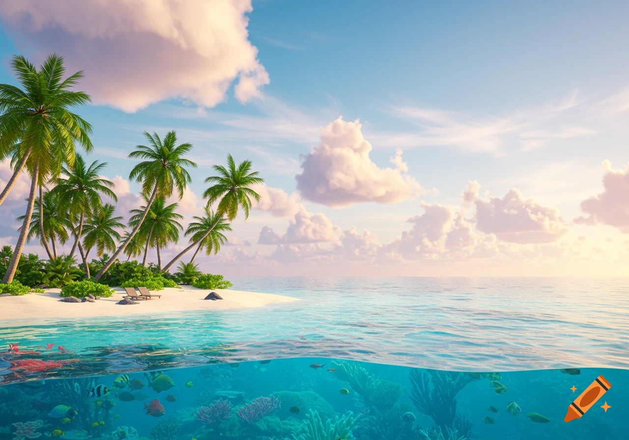 Split view of a tropical island beach with palm trees, turquoise ocean, and vibrant coral reef below the surface.