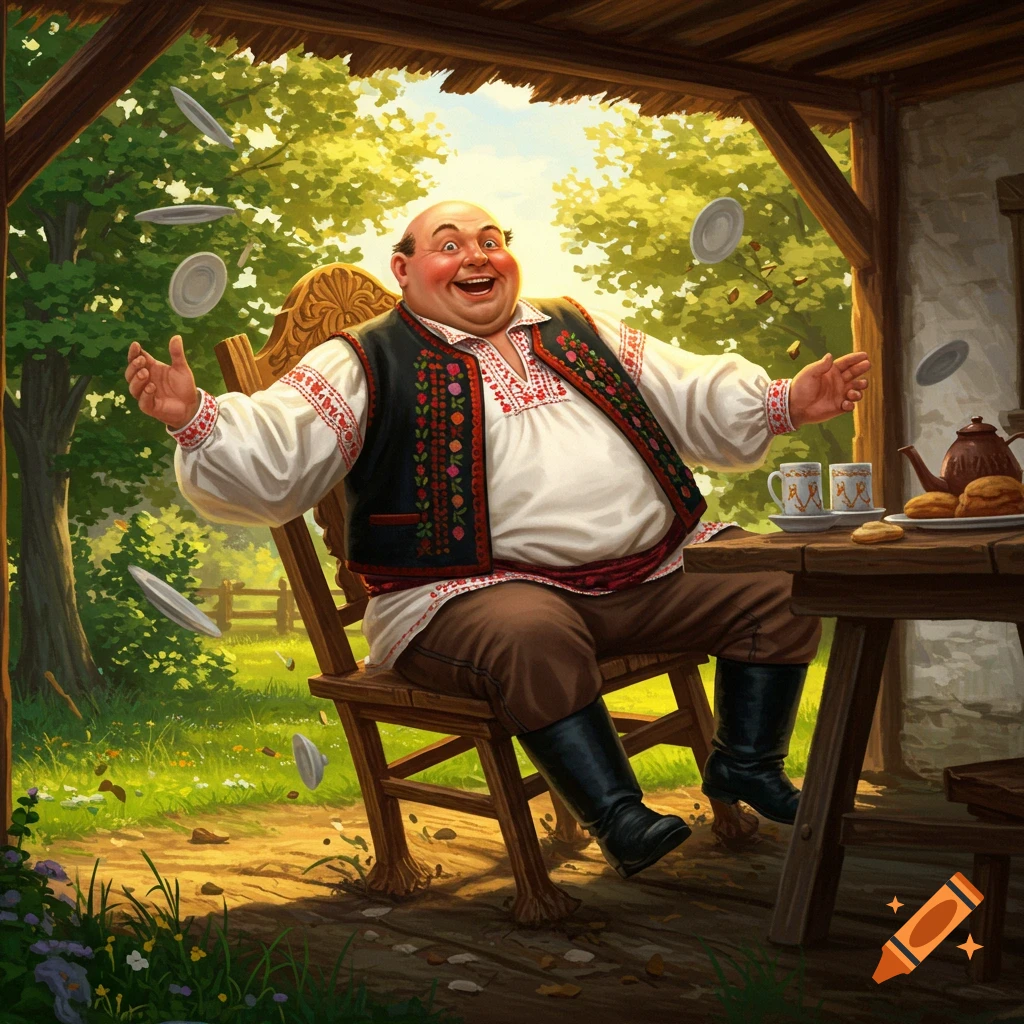 A joyful, portly bald man in traditional attire laughs heartily as plates fly around him, depicting an earthquake.