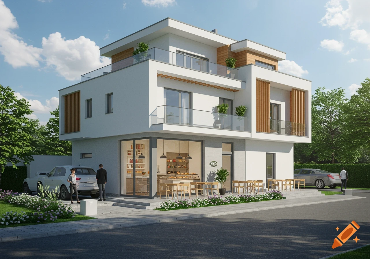 Realistic architectural rendering of a modern white building with a ground-floor pastry shop and upper-level apartments.