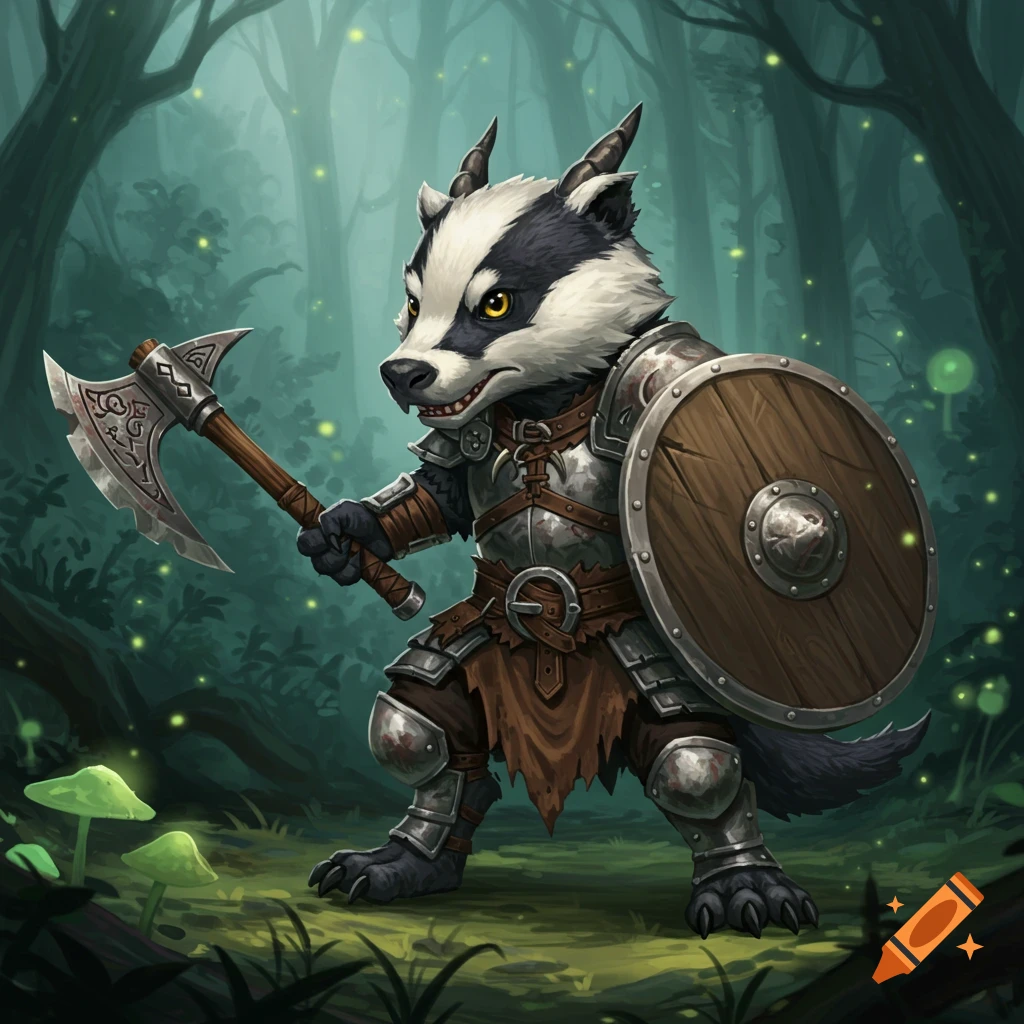 A badger warrior in full armor holds an ornate axe and a wooden shield in a glowing forest.