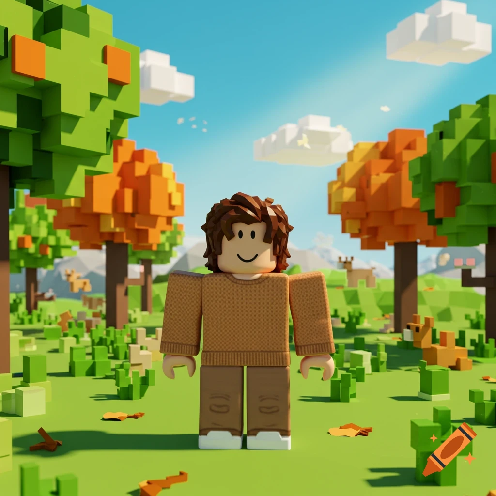 A brown-haired Roblox character in a sweater and pants stands in a sunny, blocky voxel landscape with trees and clouds.