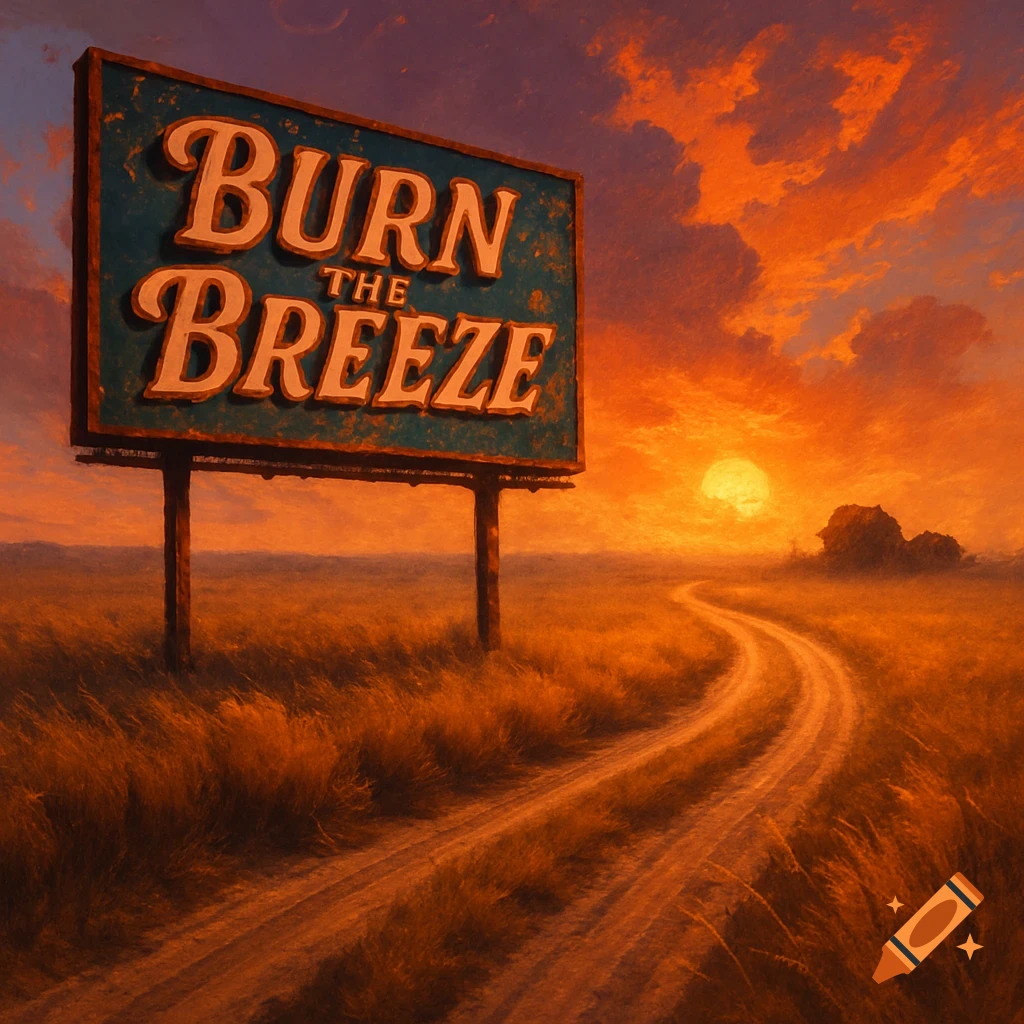 A vibrant artistic image of a billboard saying 'BURN THE BREEZE' on a dirt road in a field at sunset.