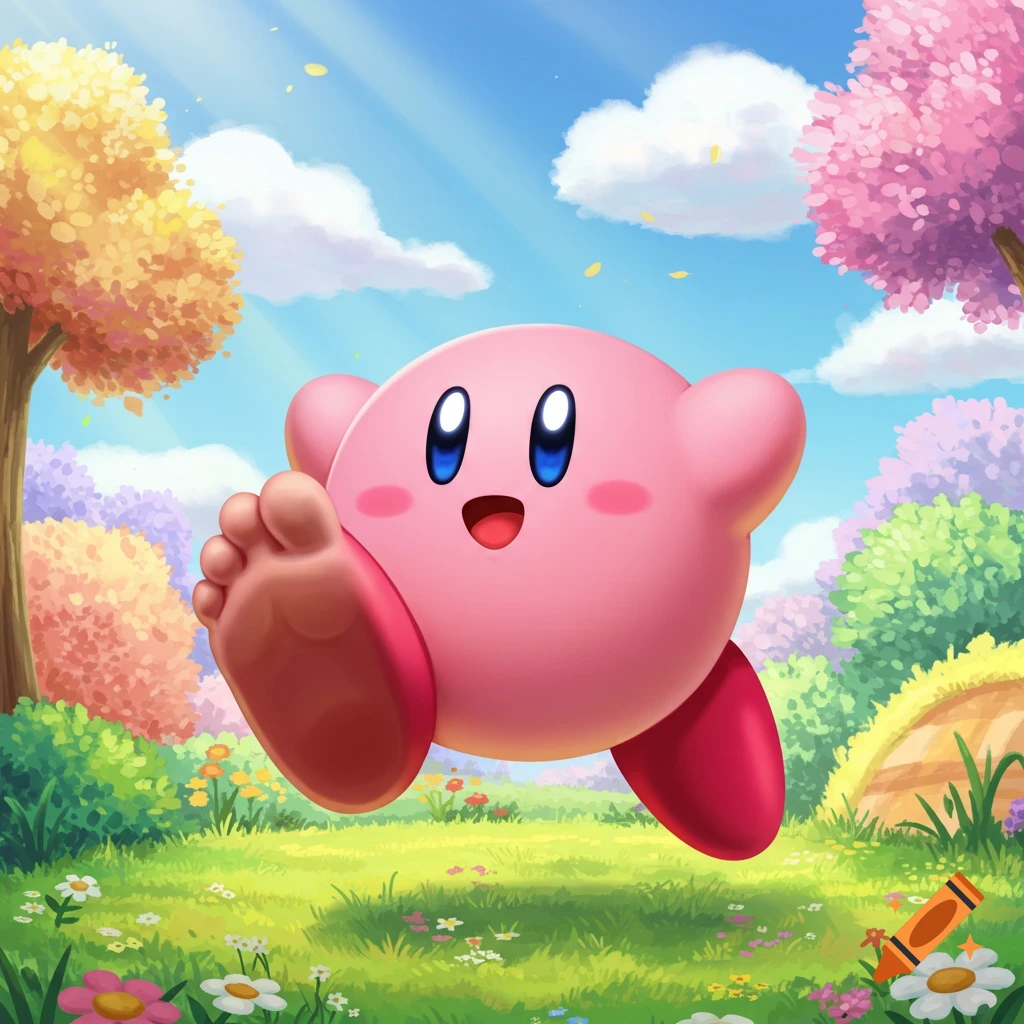 Cartoon Kirby with human feet hopping through a bright, colorful fantasy landscape with flowers and trees.