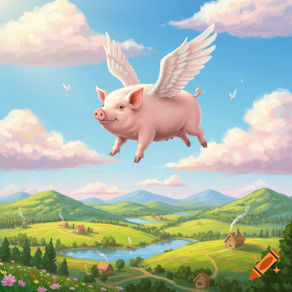 A whimsical illustration of a happy pink pig with white wings flying high in a blue sky above a green, hilly landscape with lakes and cabins.