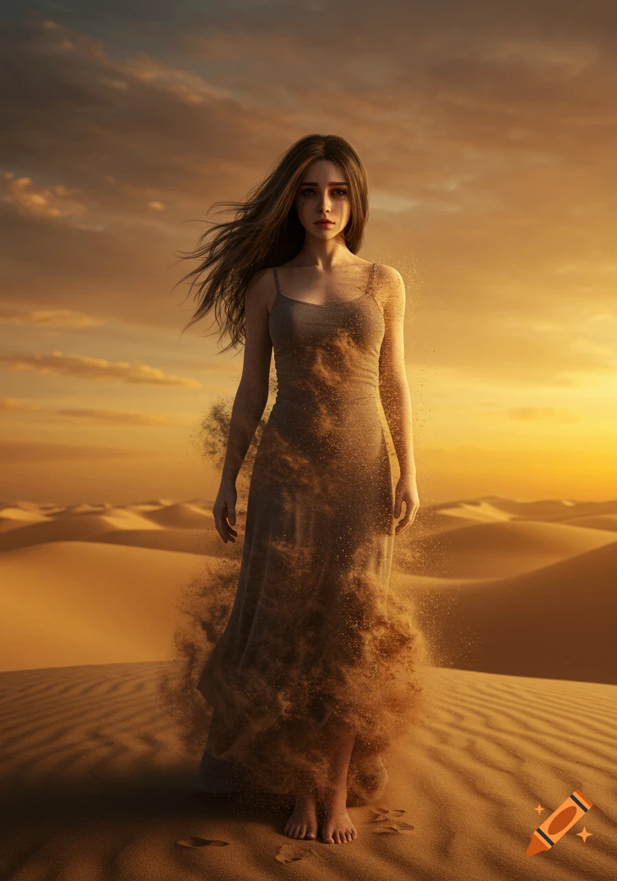 Photorealistic image of a somber woman in a dress, her body transforming into sand in a desert at sunset.