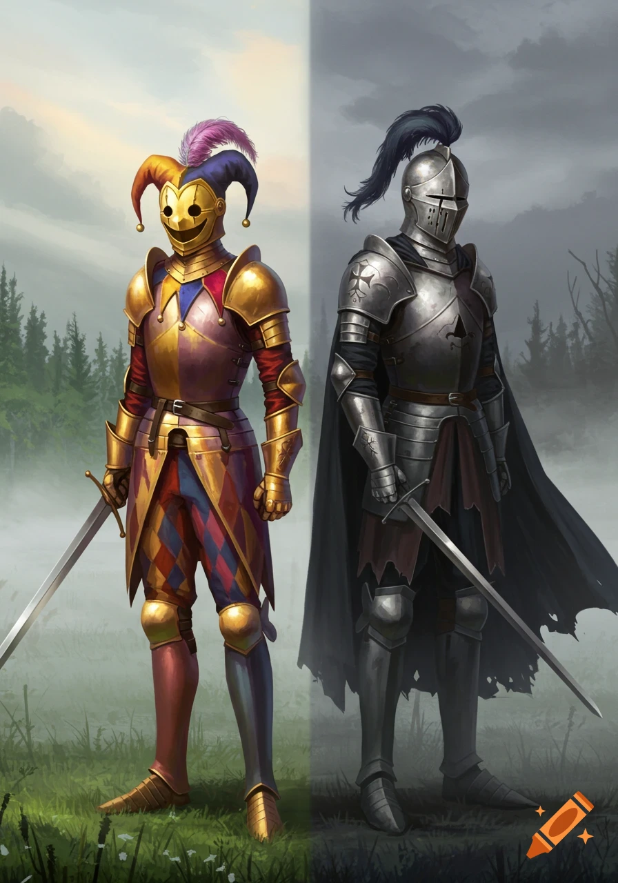 A colorful knight in jester armor stands next to a dark knight in traditional armor, representing comedy and tragedy in a split landscape.