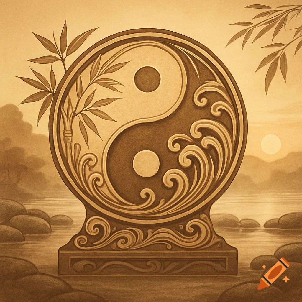 A monochromatic sepia illustration of a stylized Yin and Yang symbol with bamboo, water waves, and rocks, against a sunset landscape.