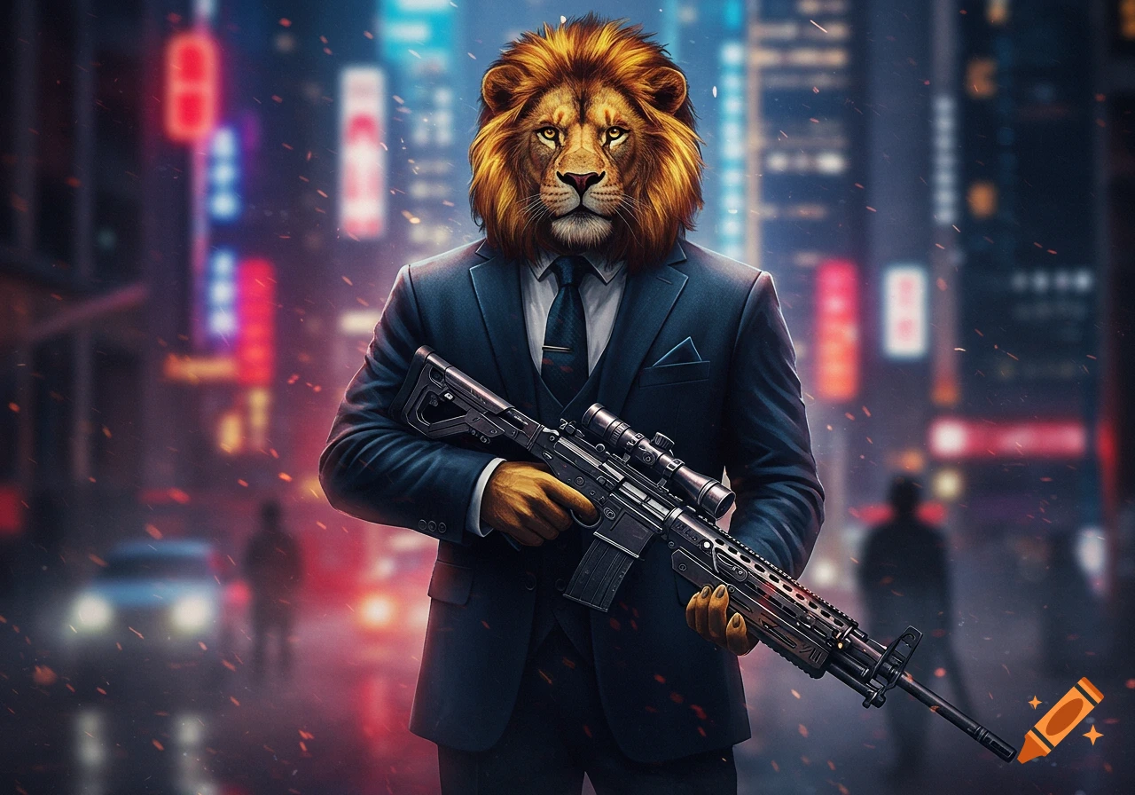 A photorealistic depiction of a lion wearing a suit, holding a rifle on a dark, neon-lit city street at night.