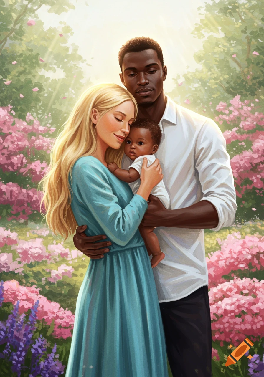 An illustration of a diverse family, a blonde woman and a Black man, holding their baby in a bright garden with pink flowers.