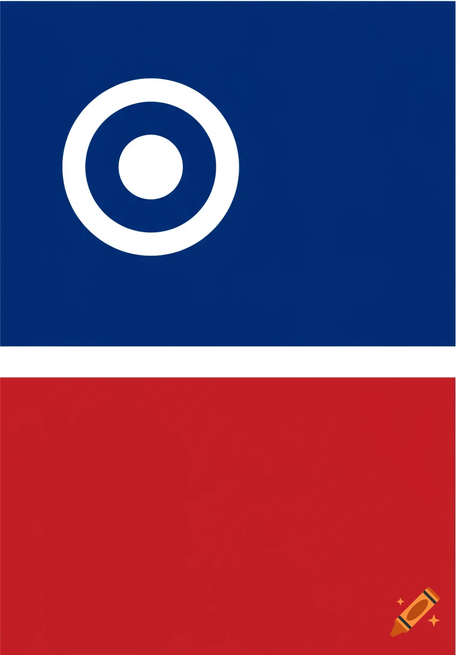 A flag-like design with a blue top half featuring a white bullseye symbol, and a solid red bottom half.