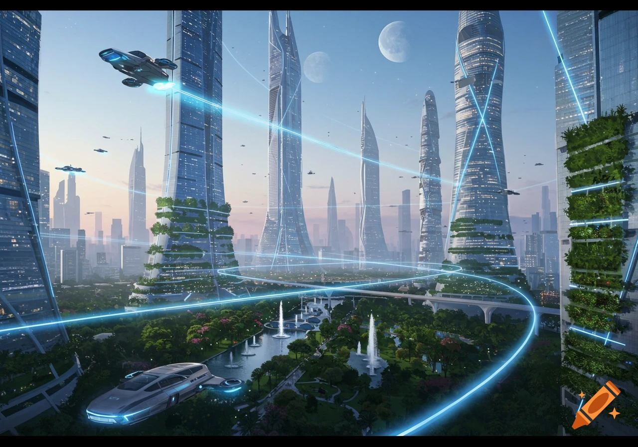 A vibrant futuristic city at dusk with towering skyscrapers, flying vehicles, green parks, rivers, and two moons.
