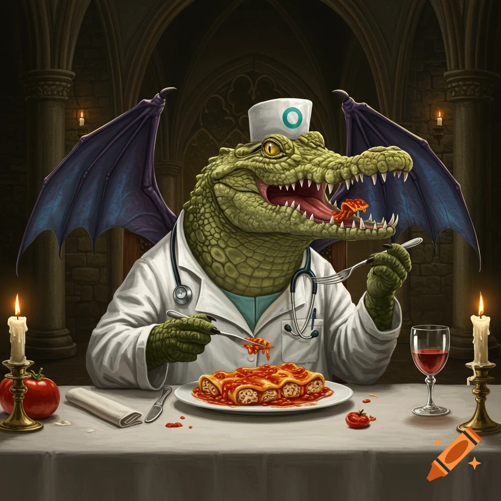 A cartoonish crocodile doctor with bat wings eats cannelloni with a fork at a candlelit table in a gothic setting.