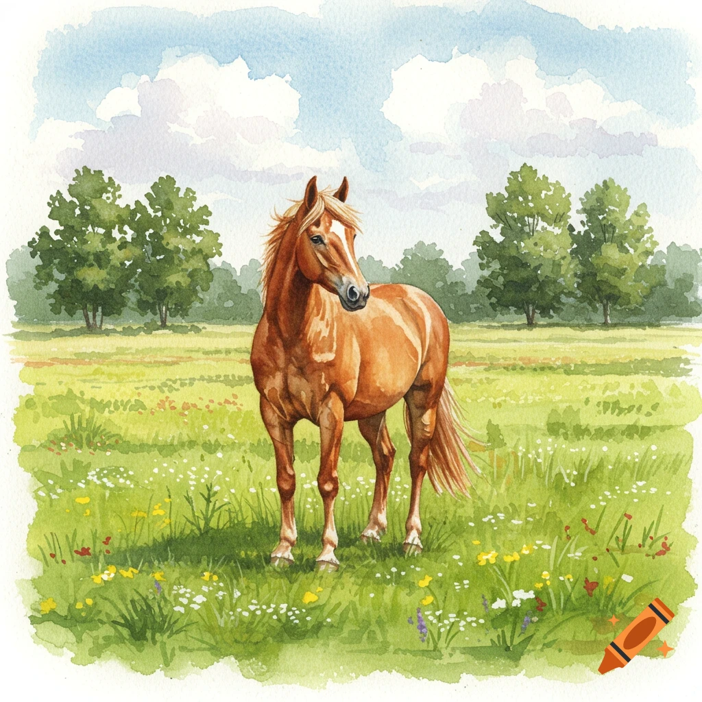 Watercolor painting of a light brown horse standing in a green meadow with wildflowers, under a blue sky with clouds.