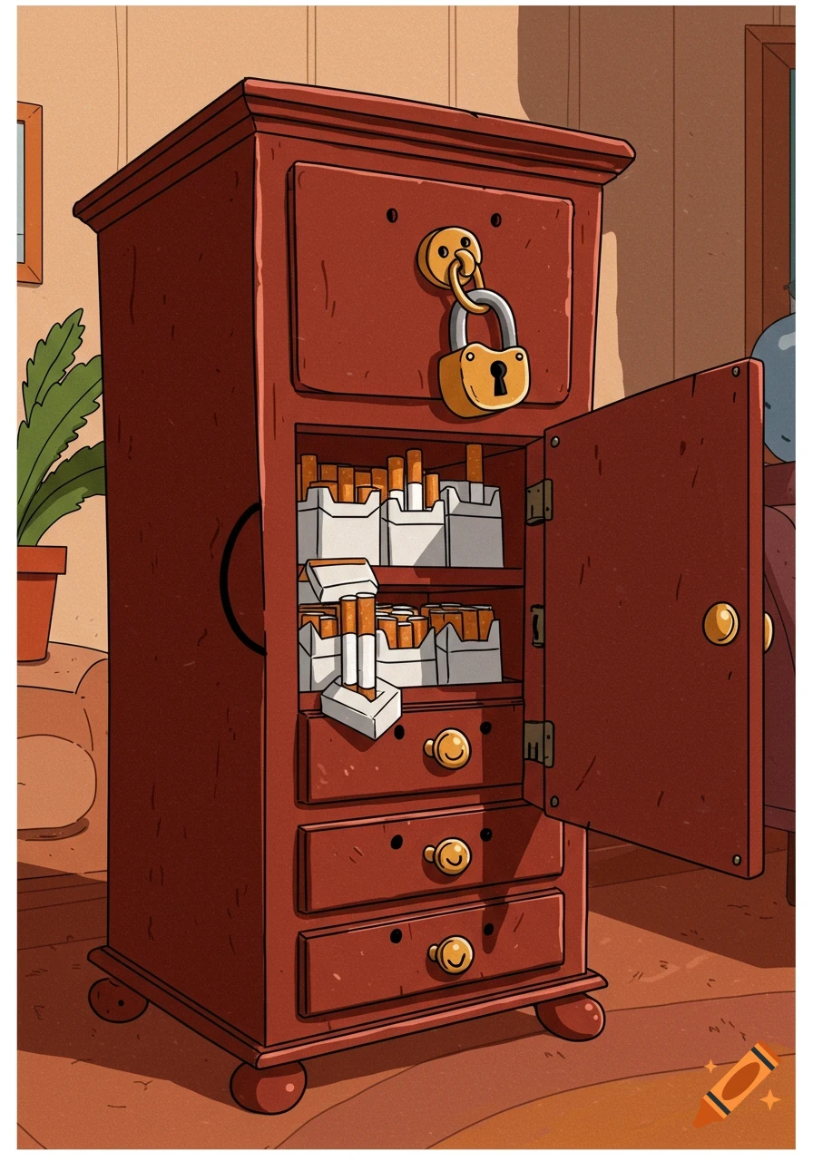 A cartoon red cabinet with a gold lock on top, its door open to reveal shelves full of cigarette packs.