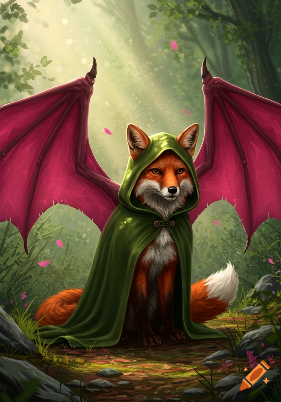 A red fox wearing a green hooded cloak and dark pink dragon wings sits in a sunlit forest, digital art.