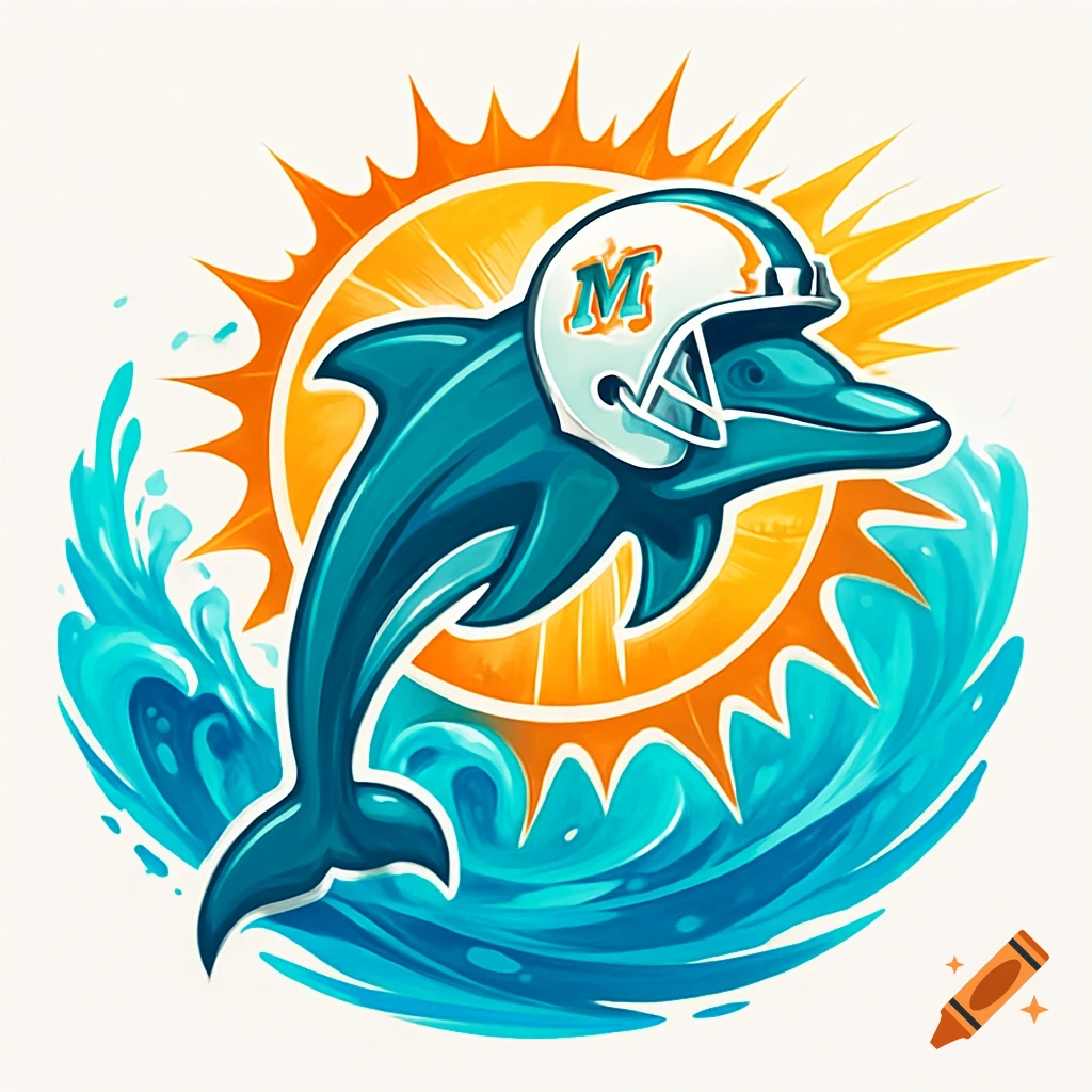 Stylized logo of a teal dolphin wearing a white football helmet with an orange 'M', jumping from blue waves against an orange sunburst.