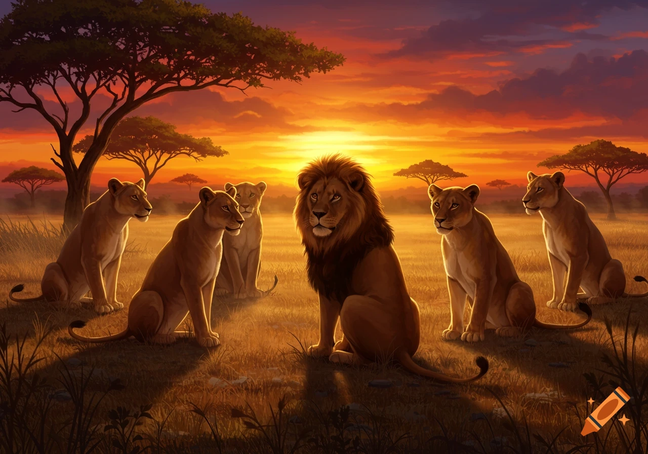 Digital painting of a male lion with five lionesses in a savanna at sunset, vibrant orange and purple sky.