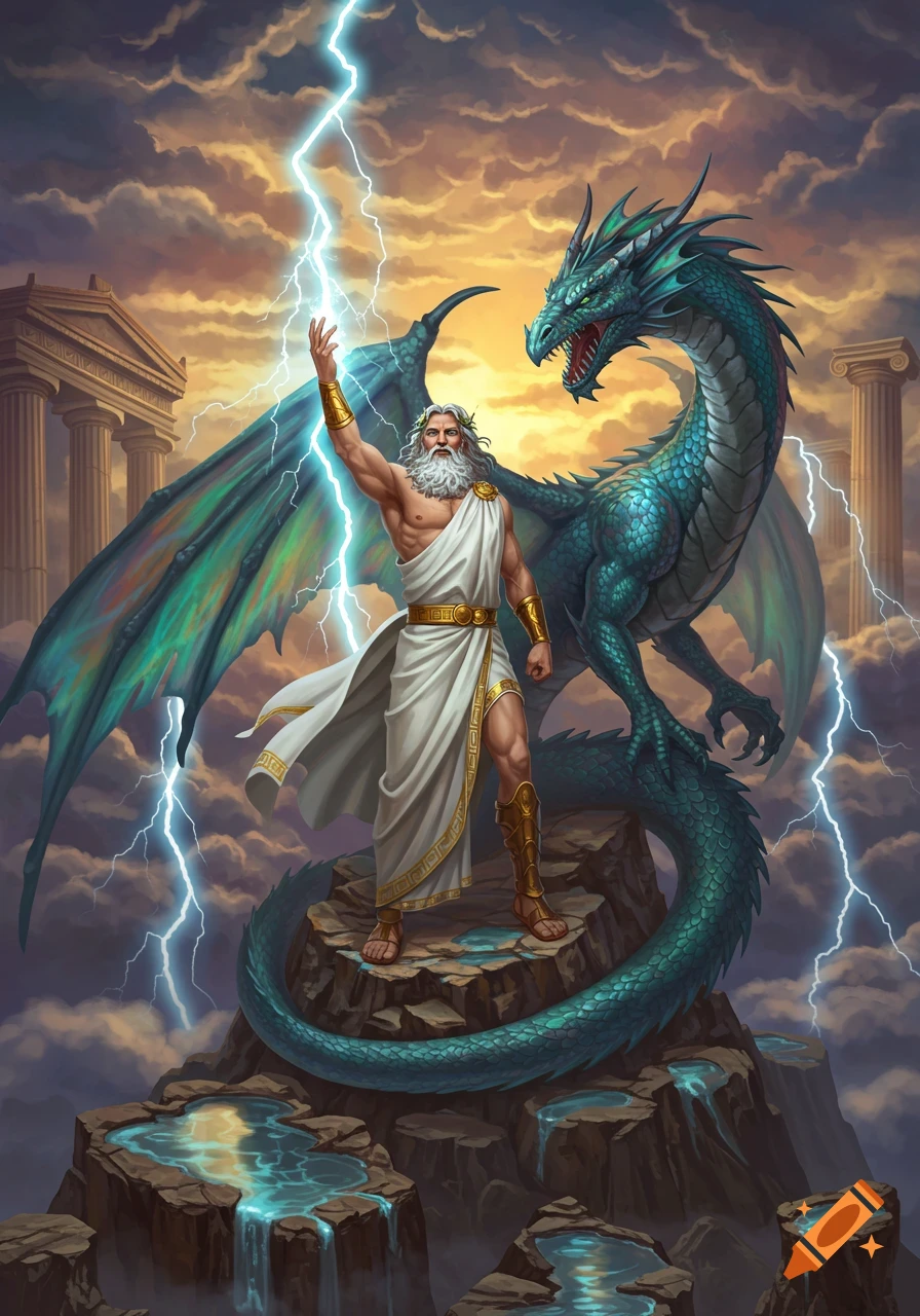 A powerful Zeus-like god stands with a turquoise dragon on a rocky peak, summoning lightning under a stormy sky near ancient ruins.