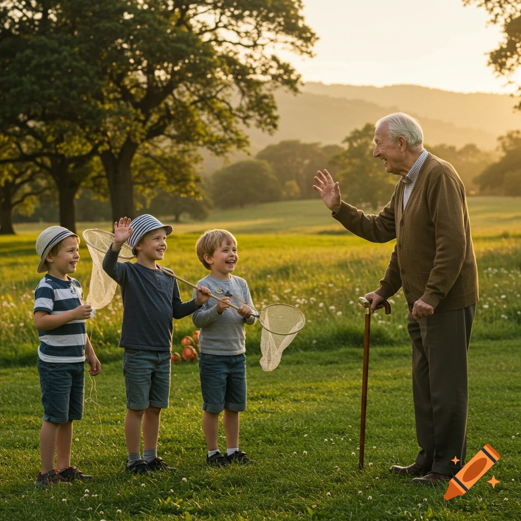 An elderly man waves to three young boys holding butterfly nets in a sunny field at sunset, photorealistic.