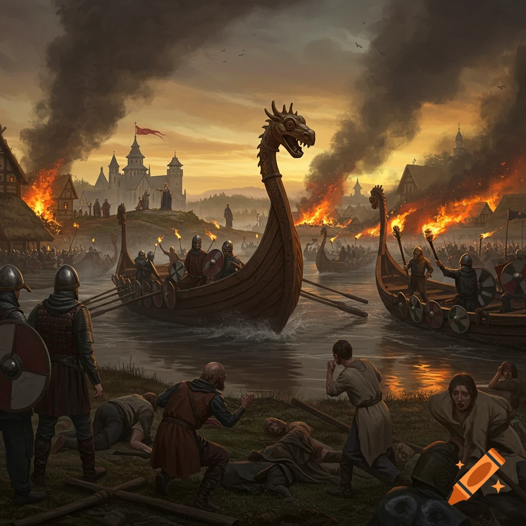 Viking longships full of warriors raid a burning medieval town at sunset, with fleeing peasants and smoke filling the sky.