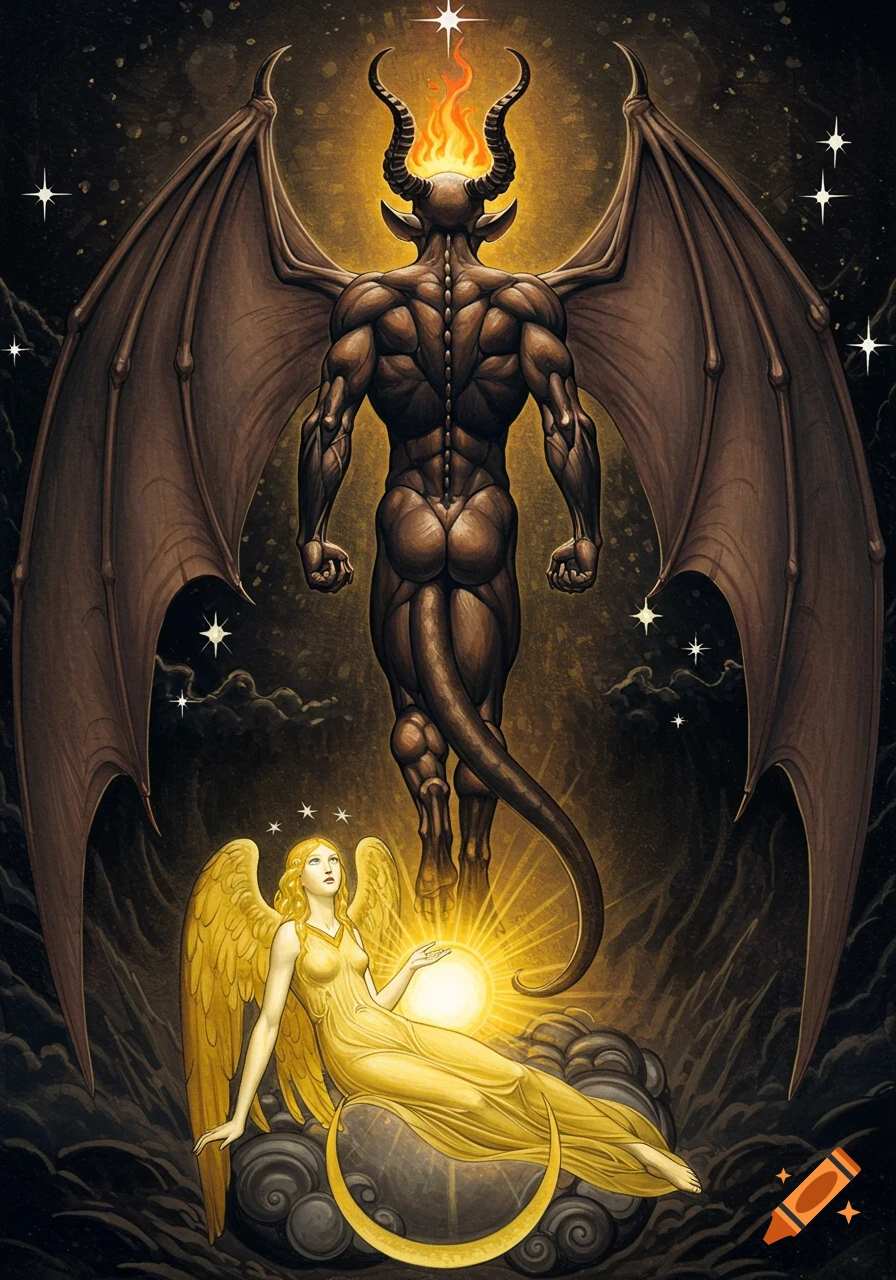 A surreal, dramatic painting of a muscular winged demon with fiery horns standing over a glowing, reclining angel in a cosmic setting.