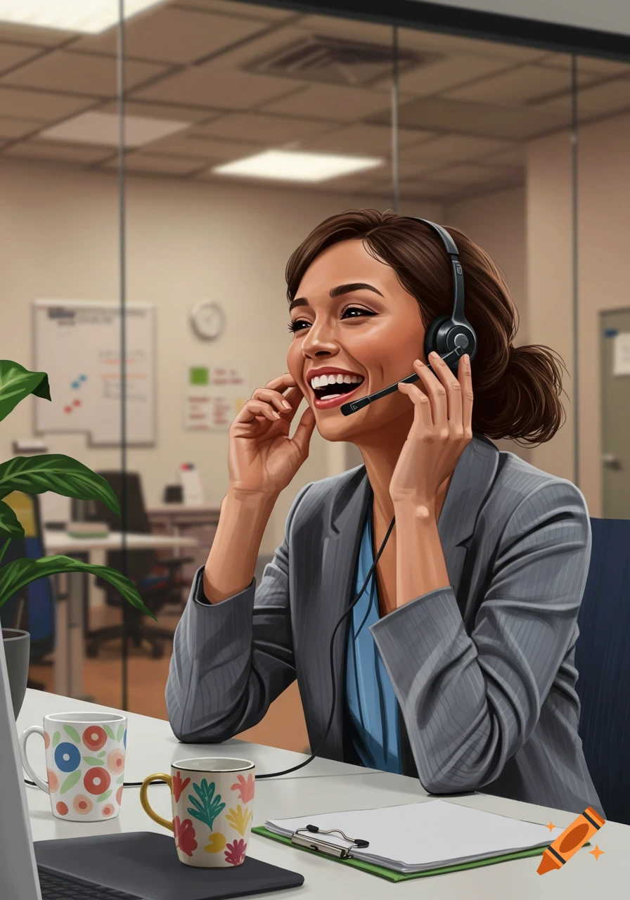 An illustrative image of a happy female office employee wearing a headset and smiling at her desk.