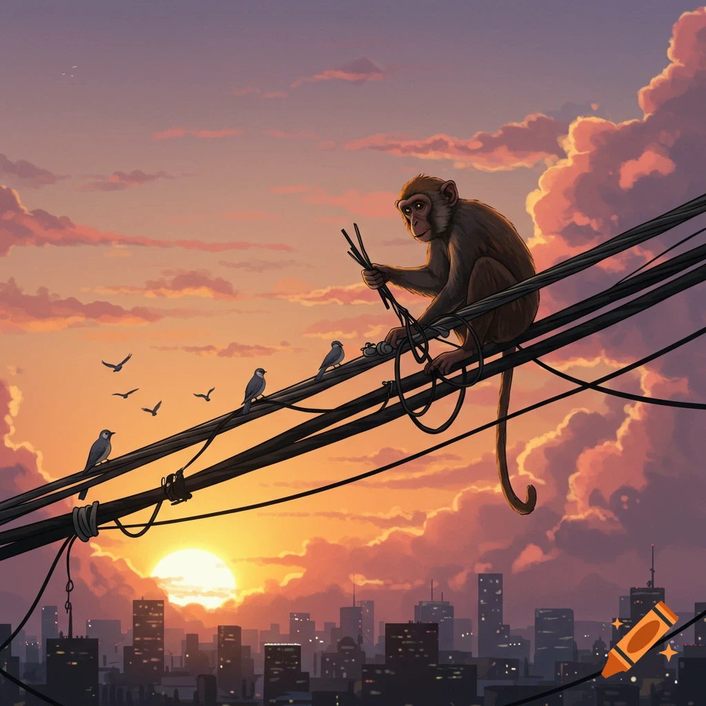 Illustrated monkey on telephone wires with small birds, set against a vibrant sunset sky over a city skyline.
