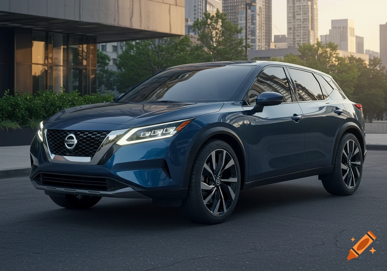 A dark blue Nissan SUV with its headlights on, parked on an asphalt road with city buildings in the background.