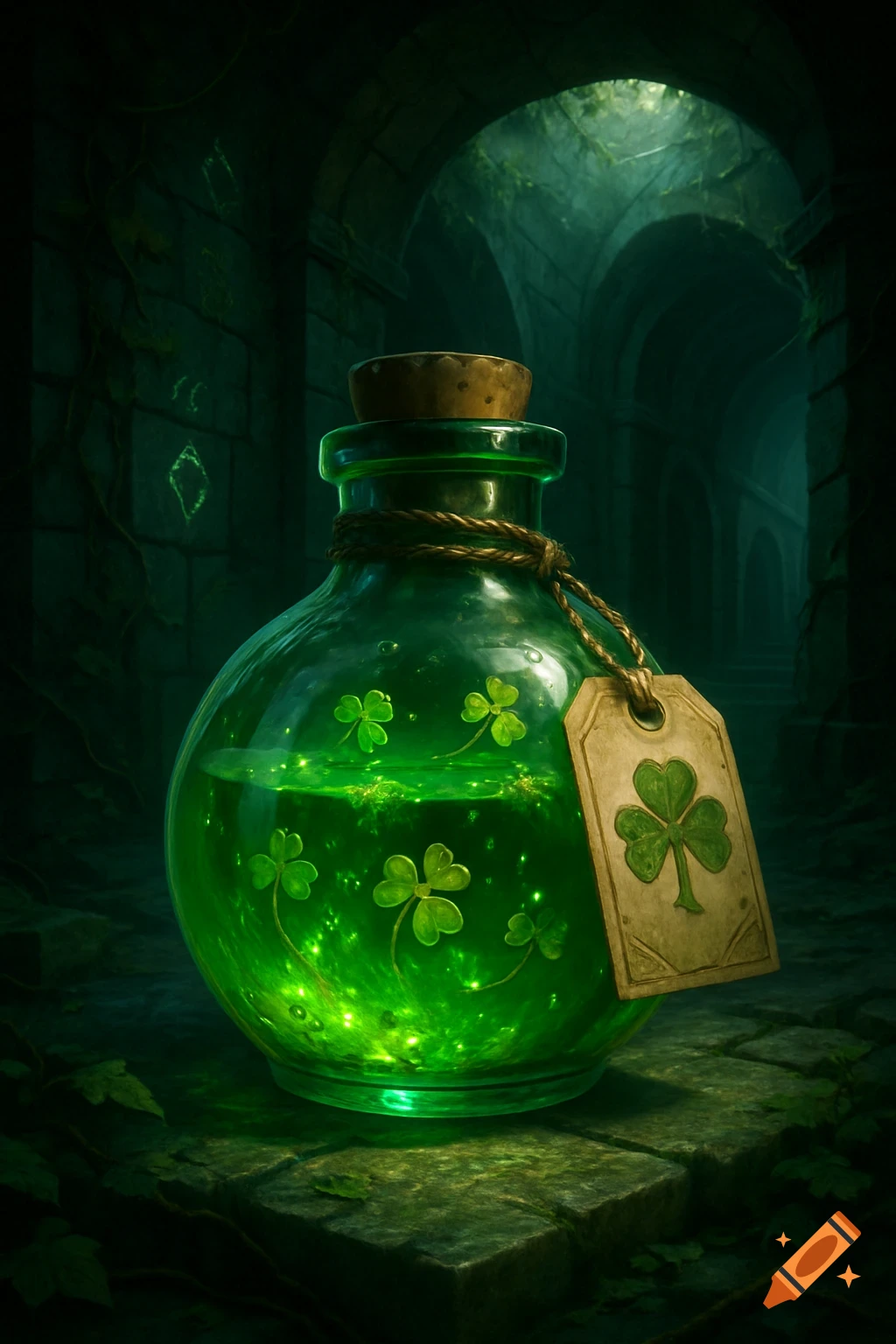A glowing green potion bottle filled with shamrocks, with a shamrock-emblazoned tag, sits on stone in a dark fantasy dungeon.