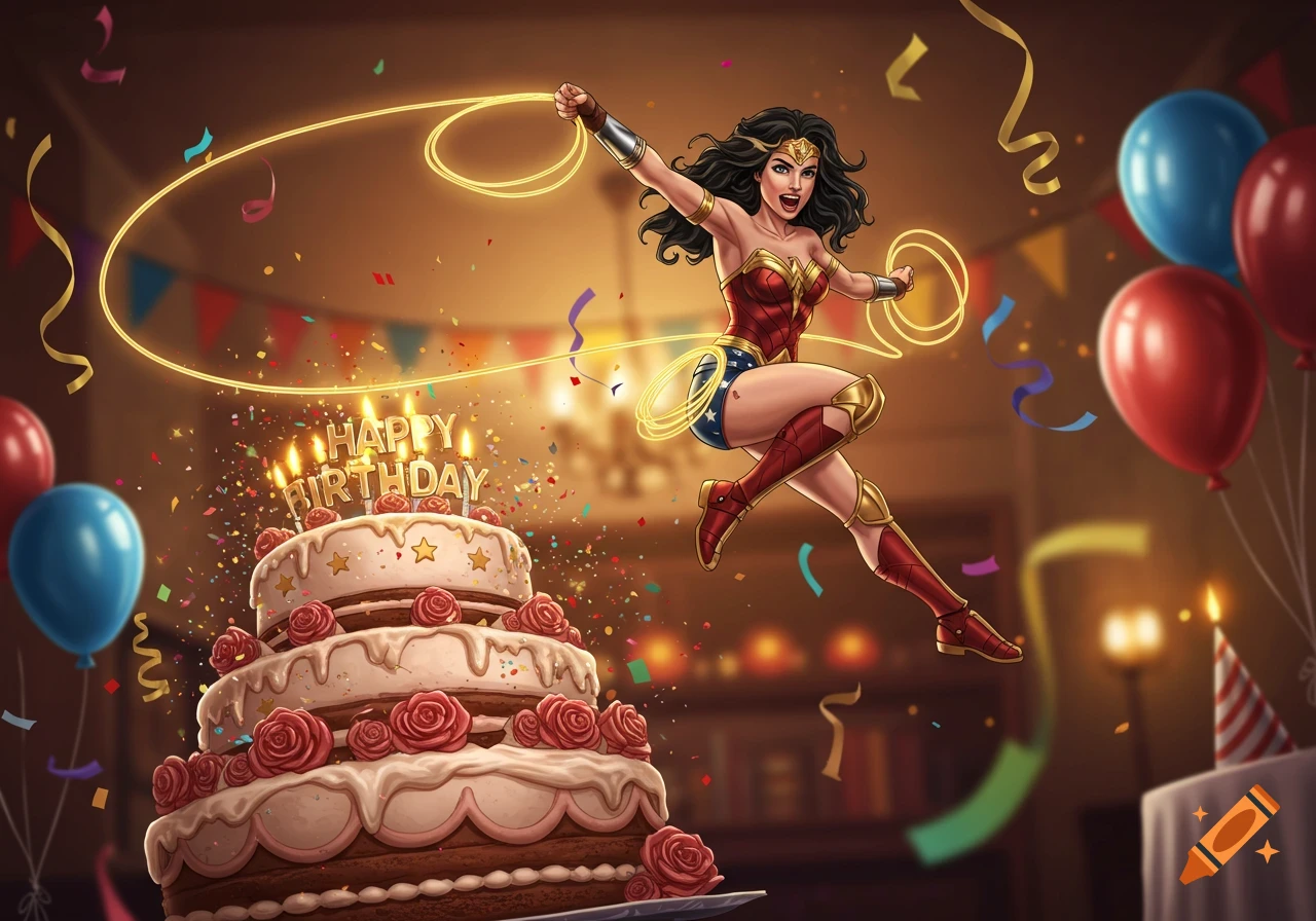 Wonder Woman, in her classic costume, jumps over a multi-tiered birthday cake with candles and confetti in a vibrant comic art style.