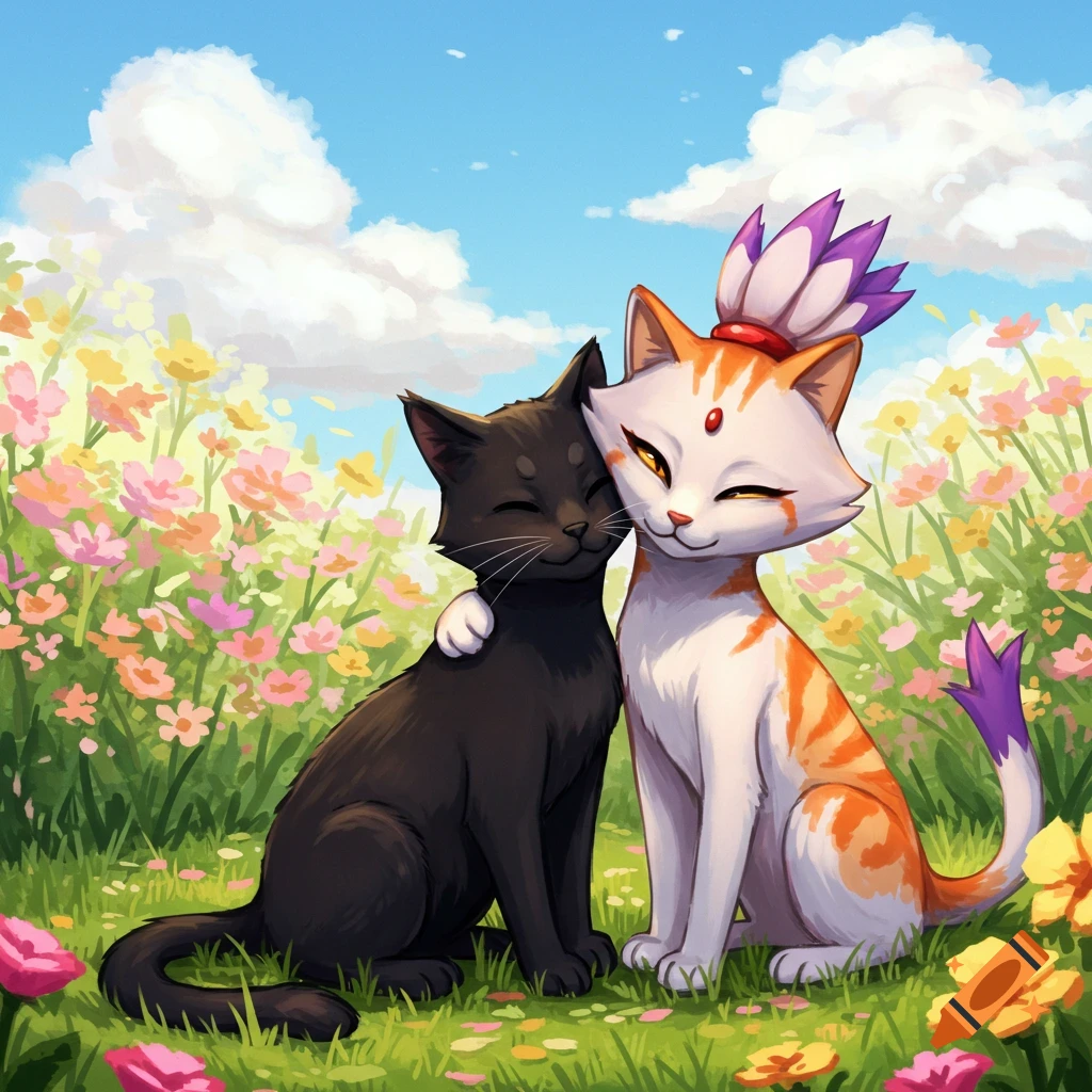 Two stylized cartoon cats, one black and one orange and white, hug affectionately in a vibrant field of colorful flowers under a blue sky.