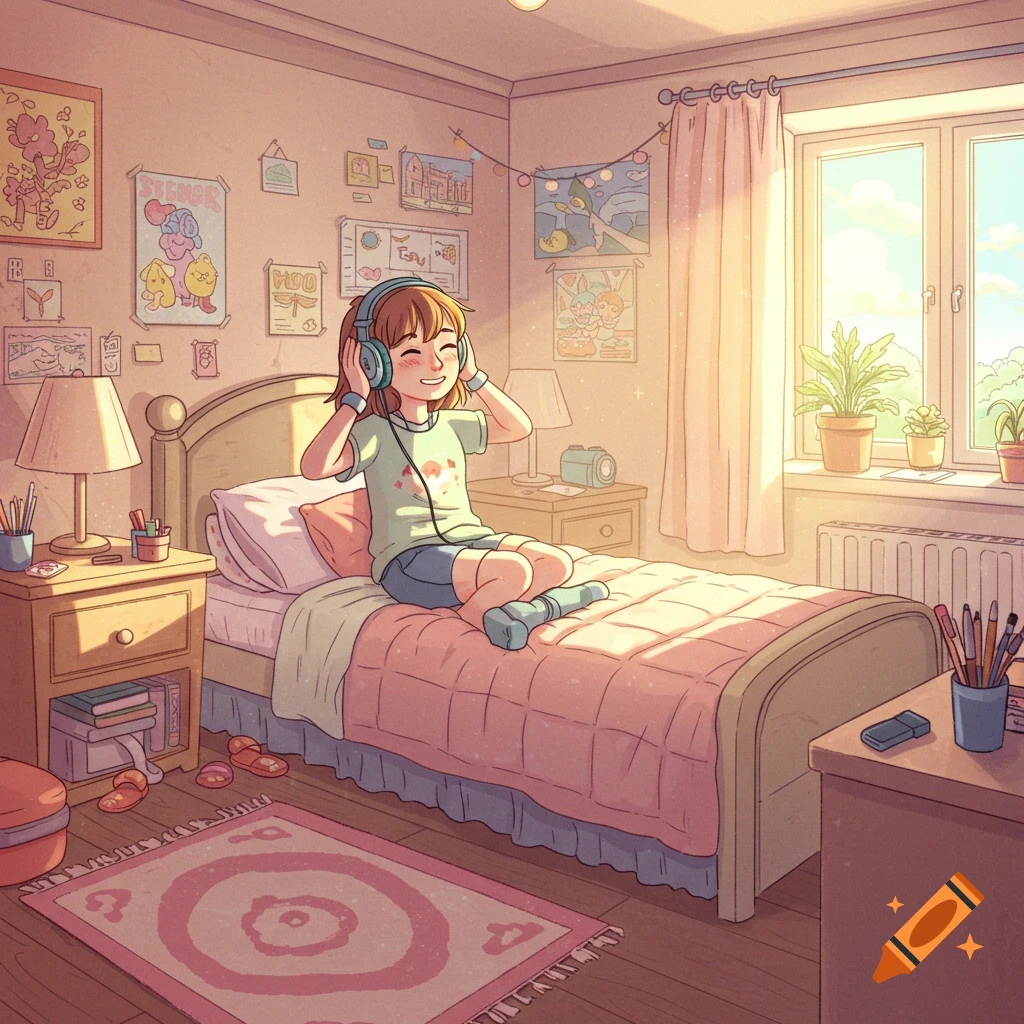 A cheerful cartoon girl with headphones sits on her bed in a sunlit, cozy bedroom decorated with posters.