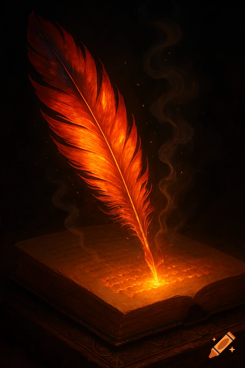 A vibrant, fiery phoenix feather quill writes glowing, burning words into an open, ancient book, with smoke rising in the dark.