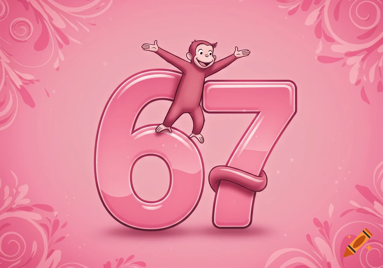 A smiling Curious George stands on the glossy pink numbers '67' against a decorative pink background.