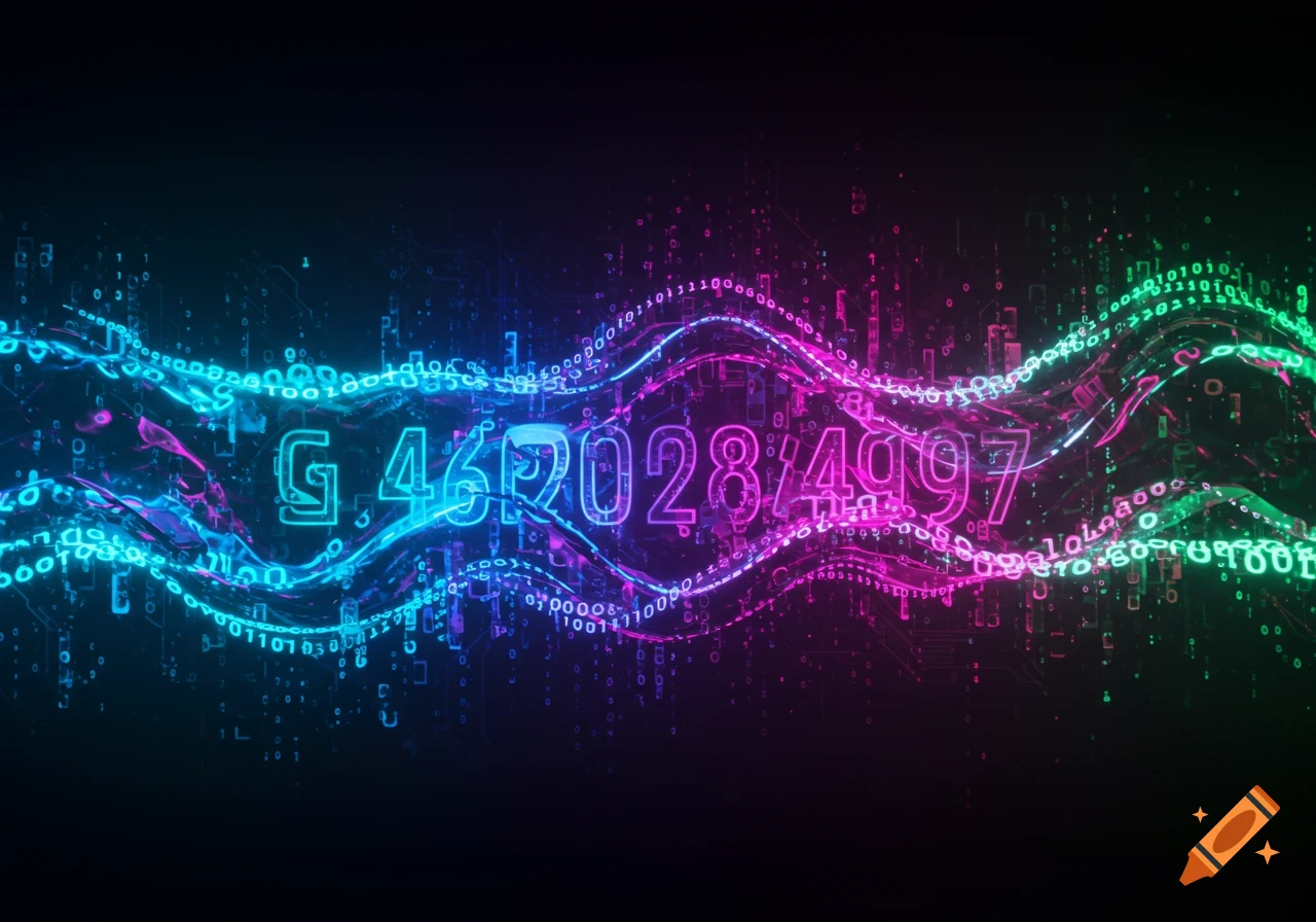 A glowing, neon-colored digital keycode "G 46P028/4997" on a dark background with flowing binary code and data streams.