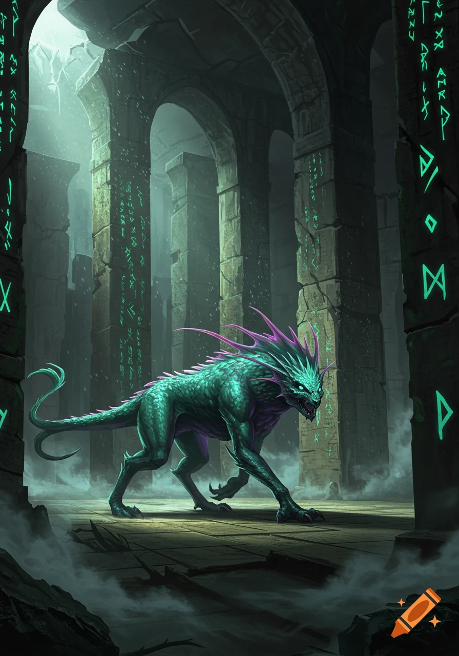 A green and purple reptilian creature with spikes skulks through a dark, ancient labyrinth with glowing green runes on pillars. Fantasy art.