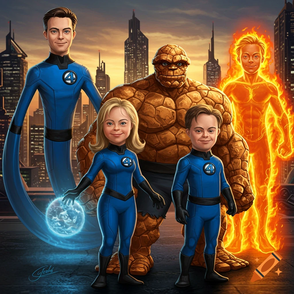 Cartoon of the Fantastic Four, with some members depicted with Down Syndrome, standing against a city skyline.