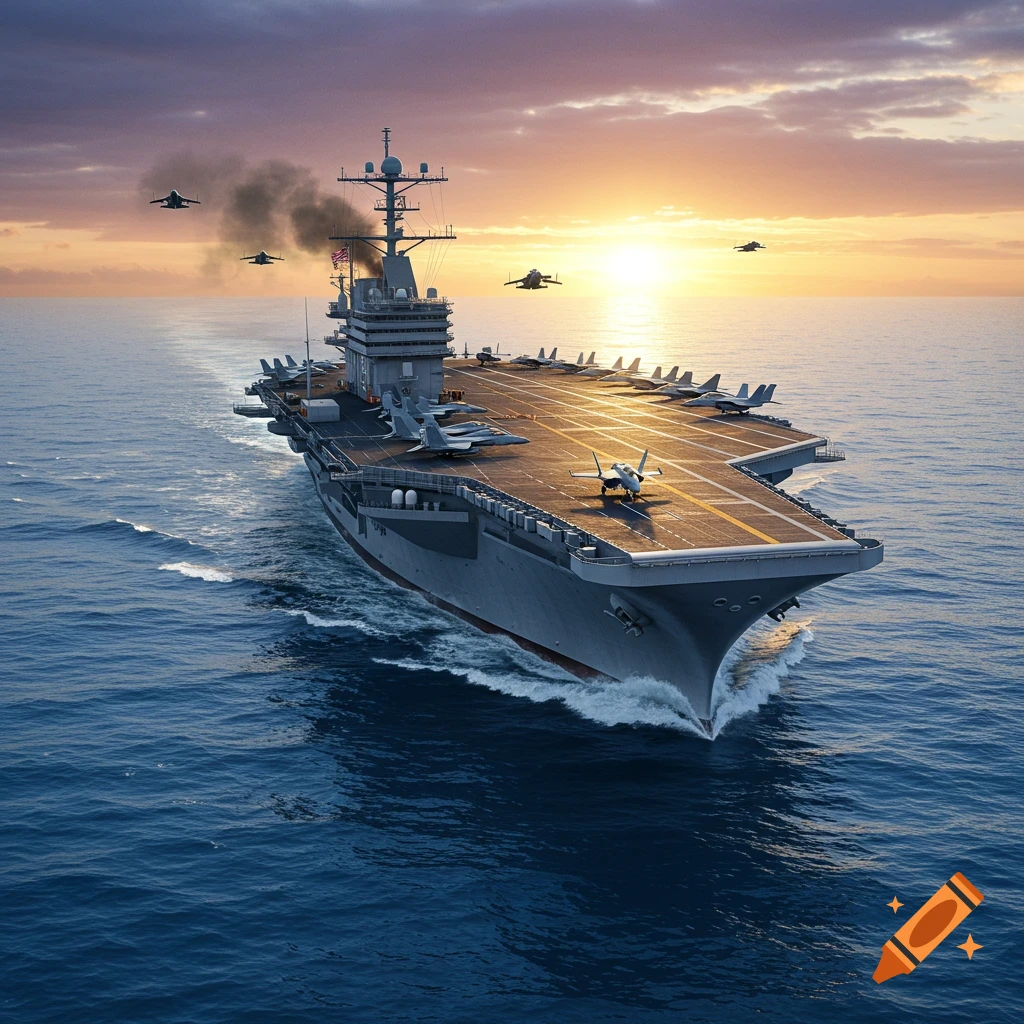 A photorealistic image of an aircraft carrier sailing on the open ocean with fighter jets flying overhead at sunset.
