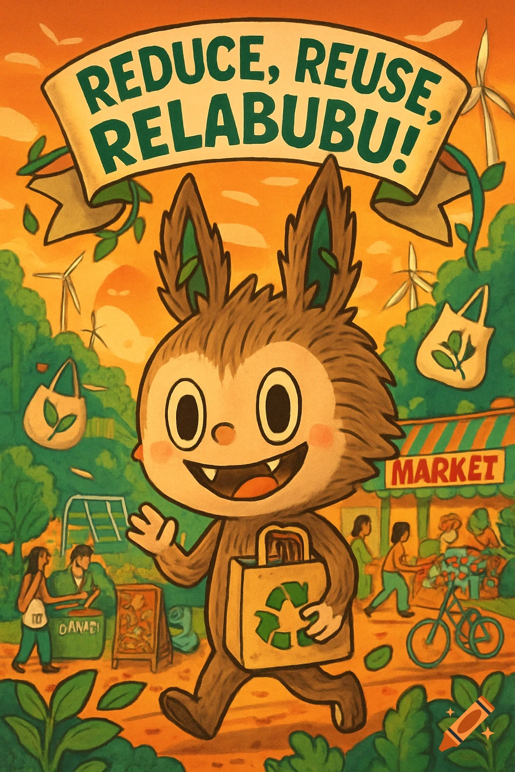 Cartoon illustration of a Labubu-like monster holding a recycling bag in a vibrant park/market scene with wind turbines and 'REDUCE, REUSE, RELABUBU!' banner.
