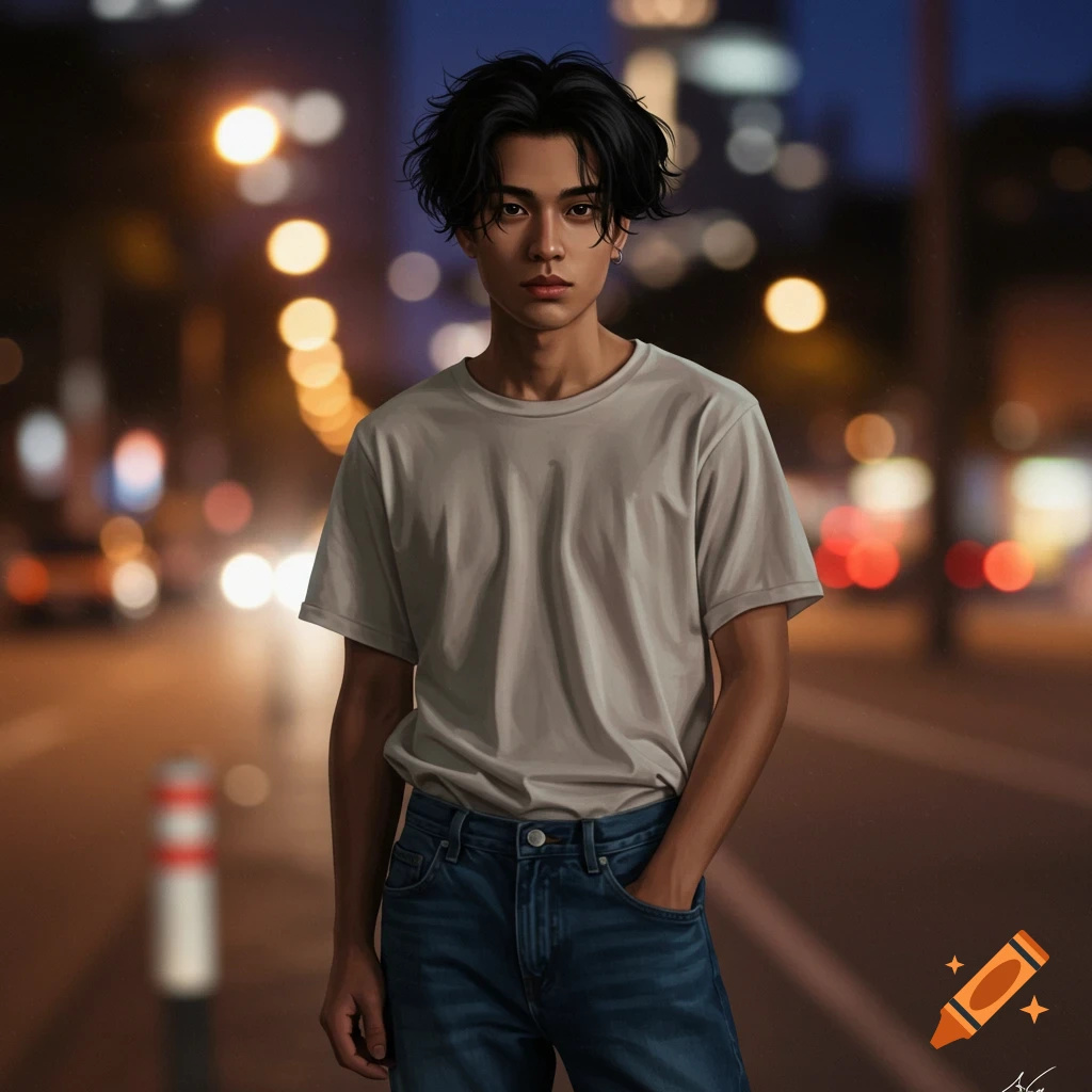 A young person with messy dark hair in a light t-shirt and jeans stands on a city street at night with blurred lights. Digital painting.