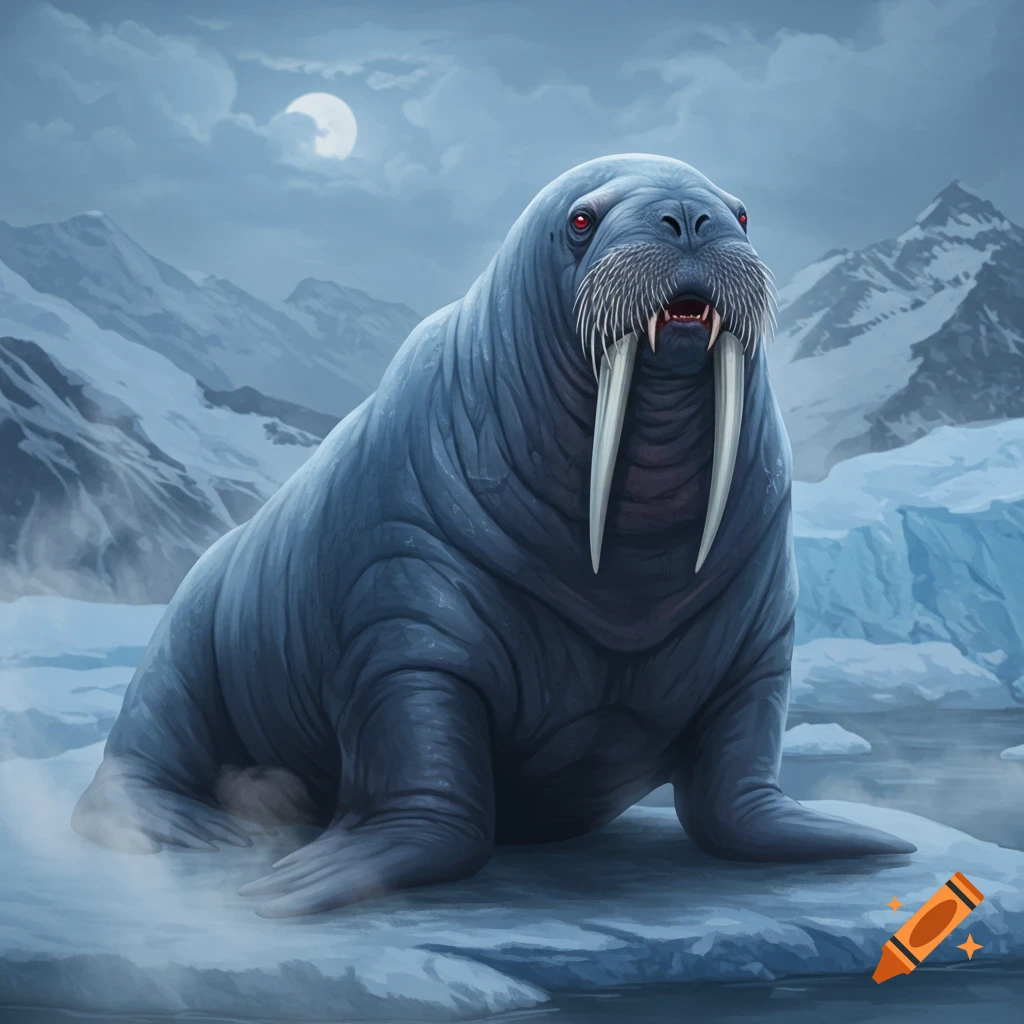 A blue-grey walrus with red eyes and large tusks sits on ice under a full moon, with snowy mountains in the background.