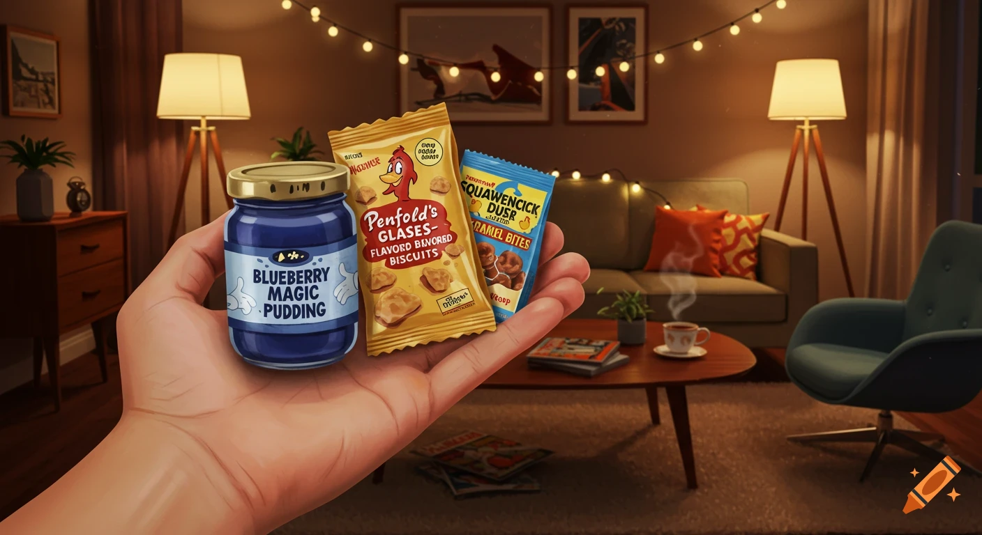 A hand holds a jar of blueberry pudding and two snack bags in a cozy living room with string lights.