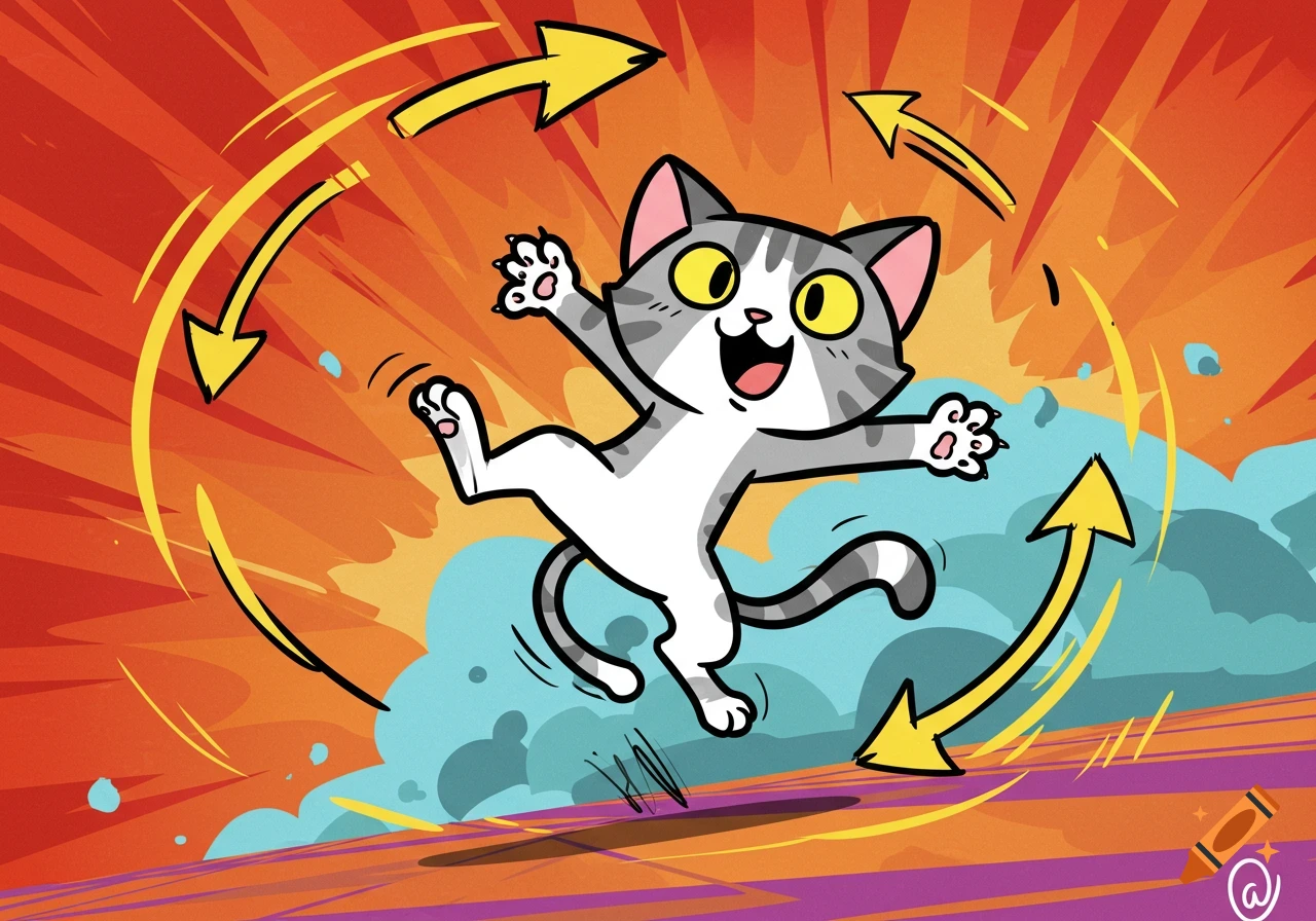 A playful, grey and white cartoon cat leaps joyfully, surrounded by spinning yellow arrows and colorful explosions, in a vibrant comic style.