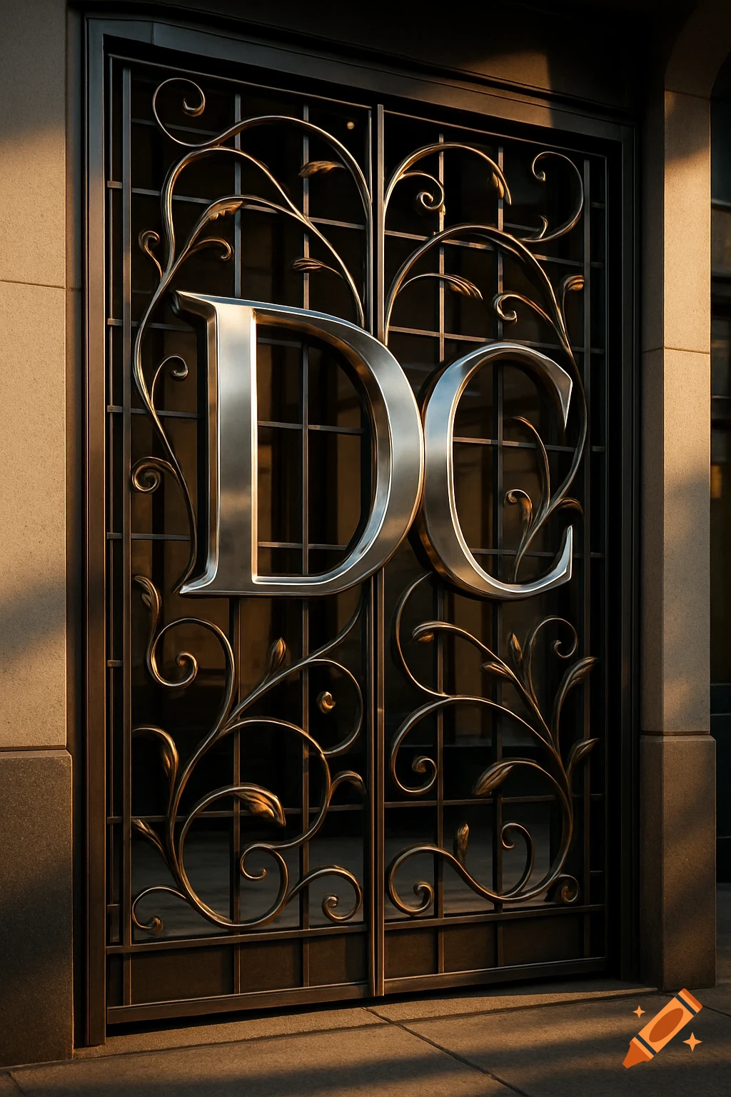 A decorative metal gate with large silver letters 'D' and 'C' affixed to it, illuminated by warm sunlight.