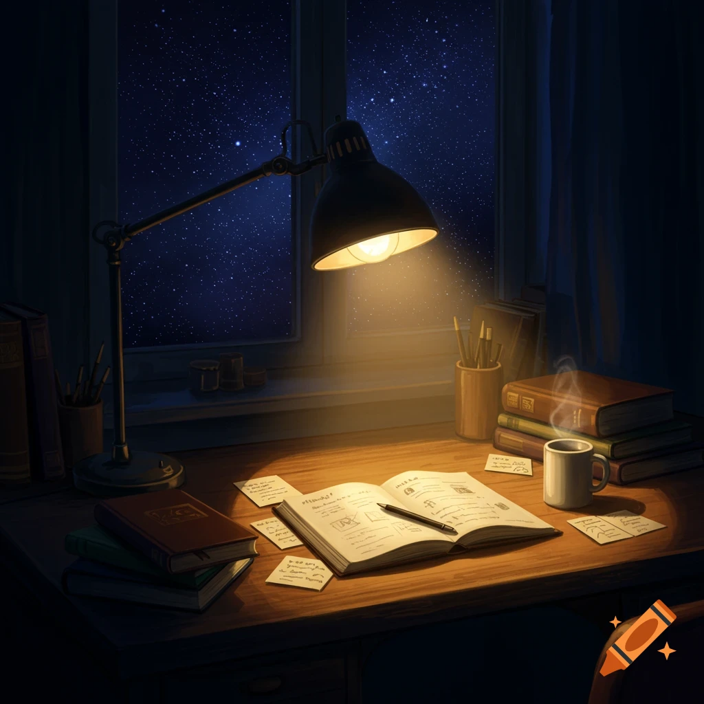 Cozy nighttime study desk with a glowing lamp, open book, scattered notes, a steaming mug, and a starry window view.