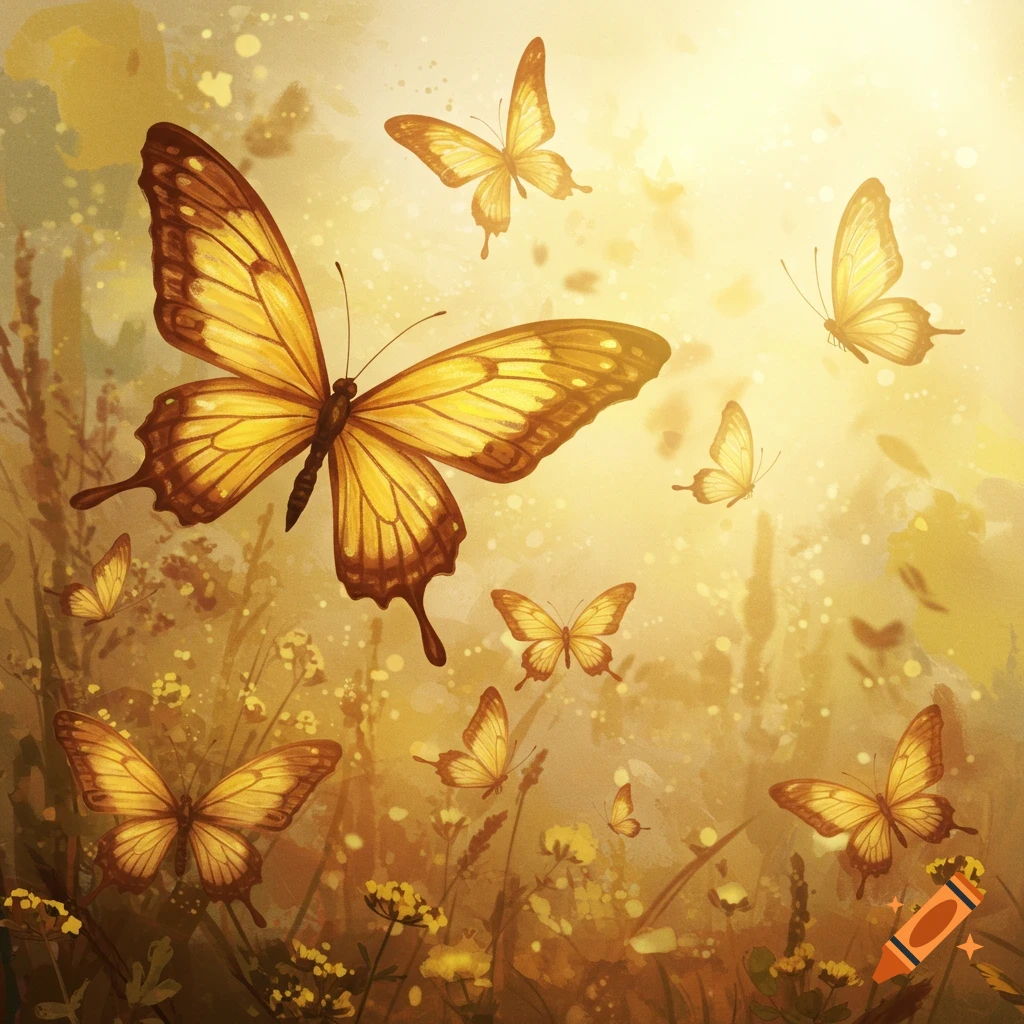 Many yellow and brown butterflies fly in a sunlit field with abstract warm-toned foliage in an illustration.