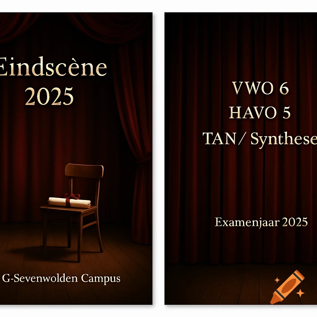 A two-part theatrical yearbook cover design with red curtains. One side shows a chair with a diploma and text "Eindsc ène 2025" and "G-Sevenwolden Campus". The other side lists classes and "Examenjaar 2025".